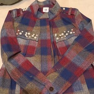 CAbi Multicolor Plaid Jacket with Pearl Details